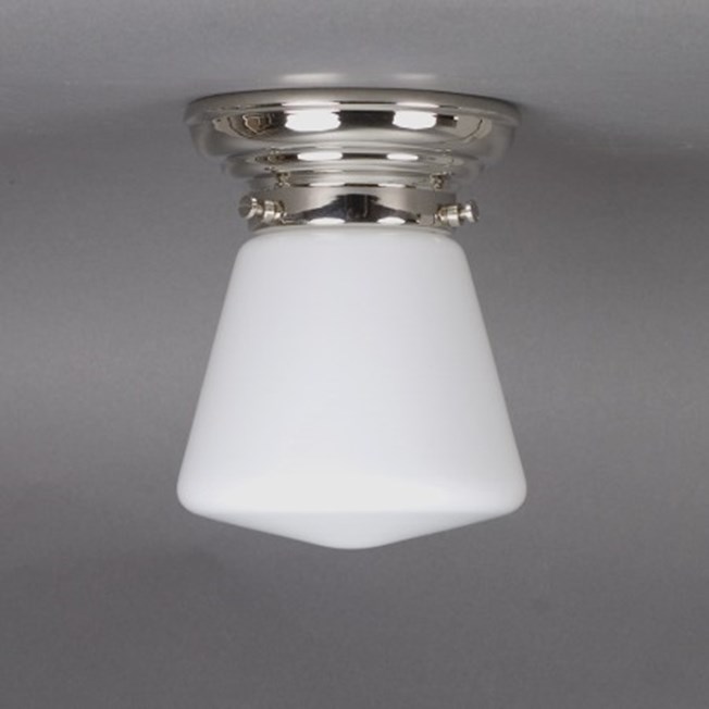 Ceilinglamp Schoollamp XS in opal white glass with rounded nickel fixture