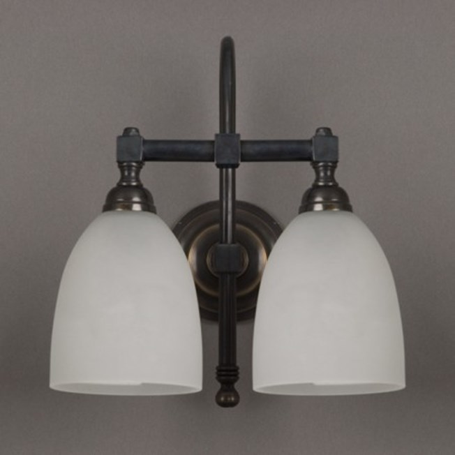 Bathroom wall lamp with bronze armature and etched glass shades