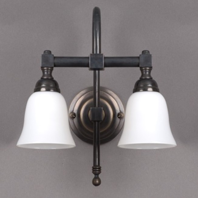 Bronze bathroom wall lamp with open, opal white glass shades