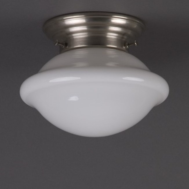 Ceilinglamp Button in opal white glass with rounded matt nickel fixture