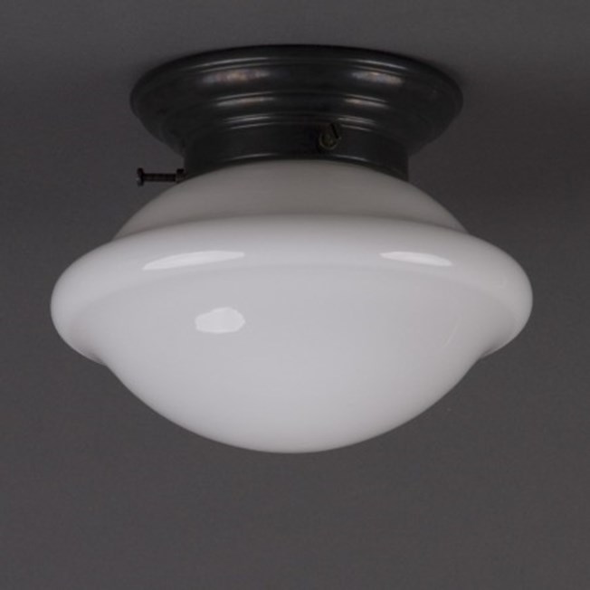 Ceilinglamp Button in opal white glass with rounded bronzed fixture