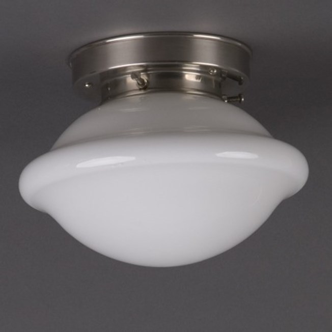 Ceilinglamp Button in opal white glass with layered matt nickel fixture