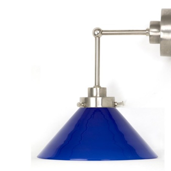 Wall lamp Cono with squarish, matted nickel finish with vertical pendulum and blue glass shade