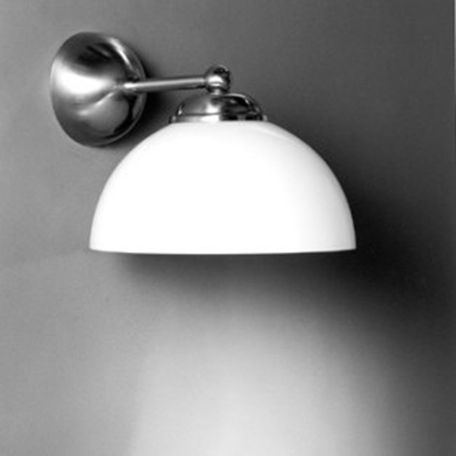 Wall lamp with opal white glass and matted nickel finish here shown as Downlighter